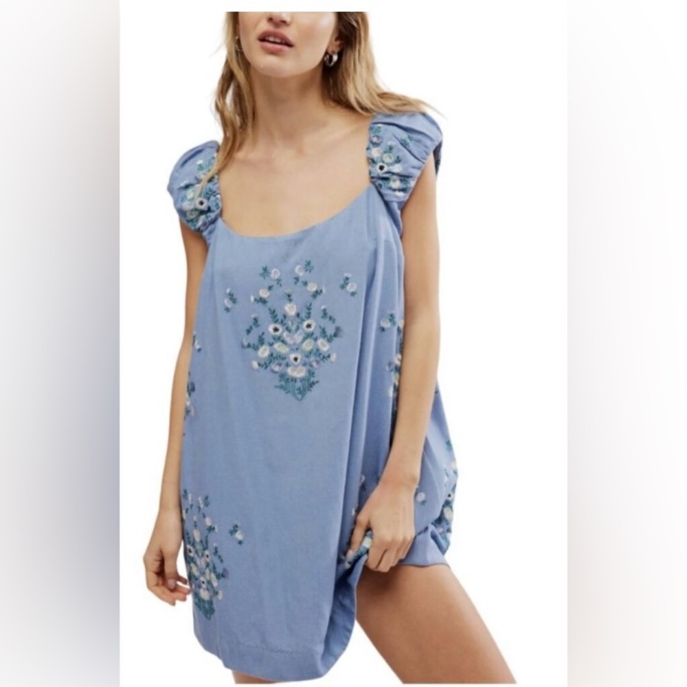 Free People Blue Floral Embroidered Women's Mini Dress Size Large
